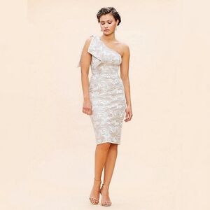 Dress the Population Thalia One-Shoulder Floral Lace Sequin Dress White Taupe XL